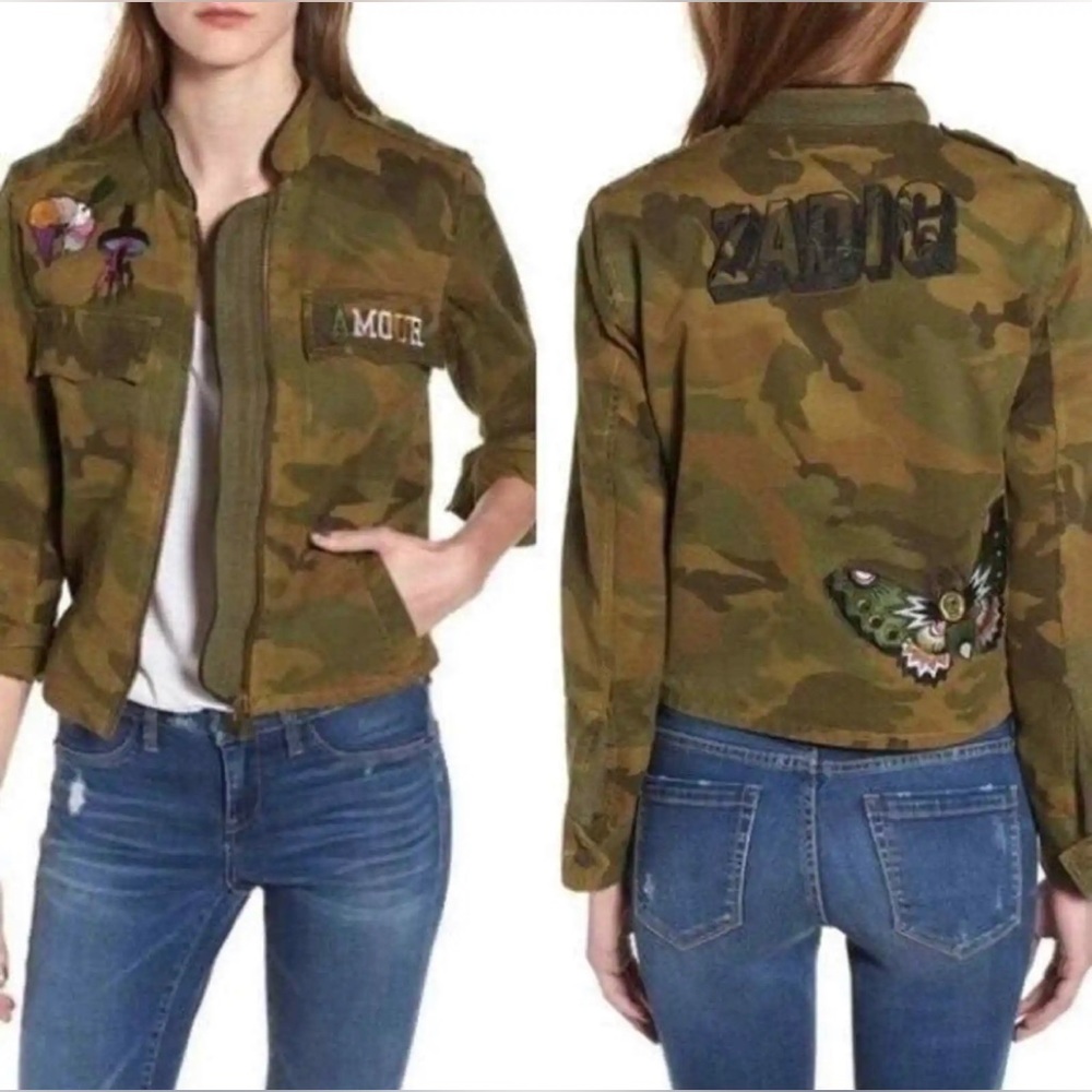 Zadig & Voltaire Kavys Camou Brocade Camo Bomber Jacket Olive Women Sz S NWOT